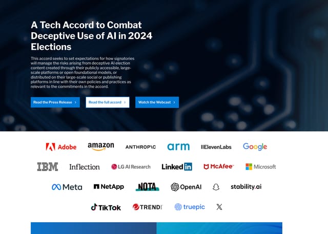 Google、Microsoft、OpenAIなど大手IT20社、「世界選挙イヤー」で有権者を騙すディープフェイクと戦う協定に署名