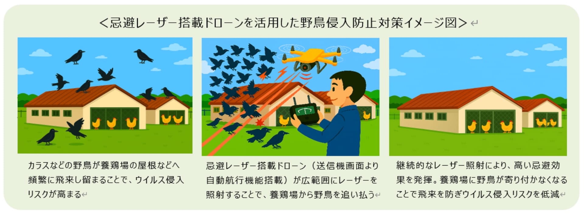 NTT、鳥インフル発生対策にドローンと「レーザー光」で野鳥の侵入防止